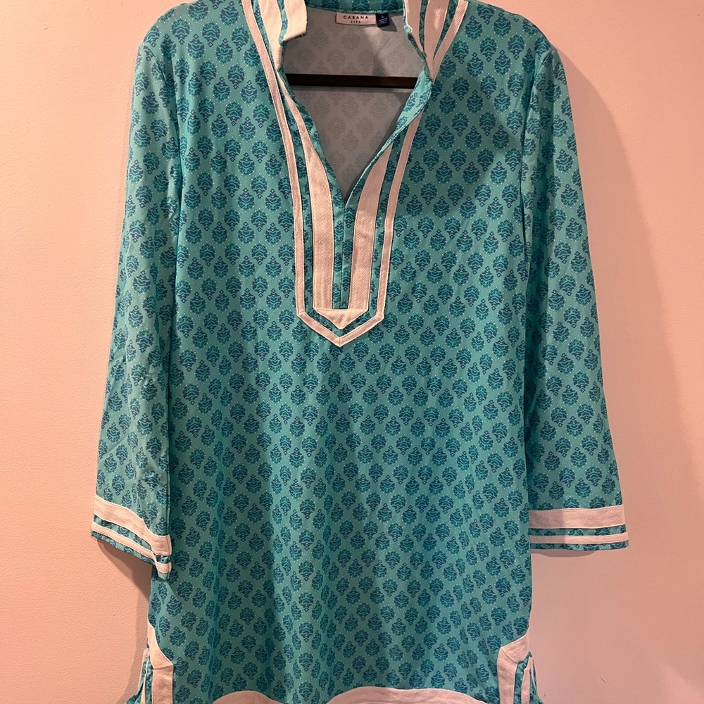 Cabana Life Turquoise and White Printed Tunic Top